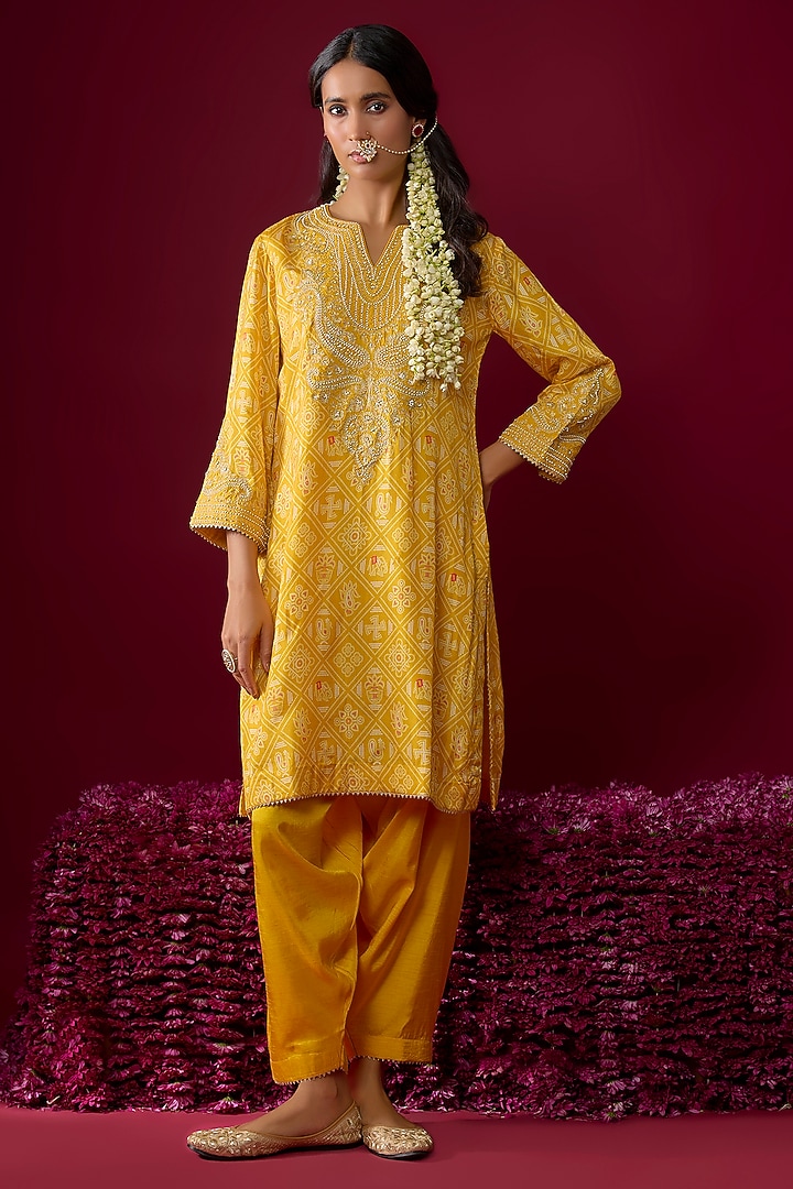 Mustard Yellow Upada Silk Embroidered Kurta Set For Girls by Sheetal Batra - Kids at Pernia's Pop Up Shop