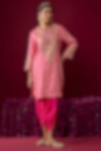Hot Pink Upada Silk Embroidered Kurta Set For Girls by Sheetal Batra - Kids at Pernia's Pop Up Shop