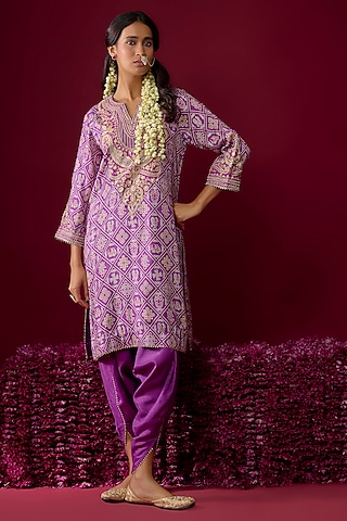 Purple Upada Silk Aari Embroidered Kurta Set For Girls by Sheetal Batra - Kids