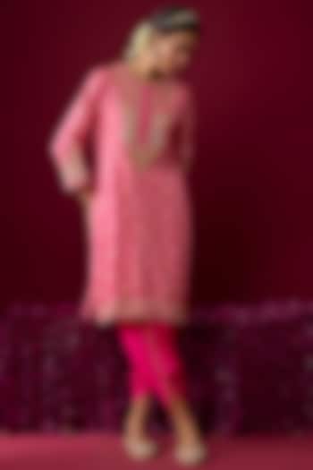 Hot Pink Upada Silk Tilla Embroidered Kurta Set For Girls by Sheetal Batra - Kids at Pernia's Pop Up Shop
