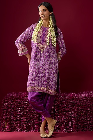 Purple Upada Silk Tilla Embroidered Kurta Set For Girls by Sheetal Batra - Kids