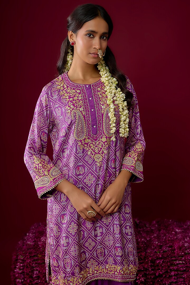Purple Upada Silk Tilla Embroidered Kurta Set For Girls by Sheetal Batra - Kids at Pernia's Pop Up Shop