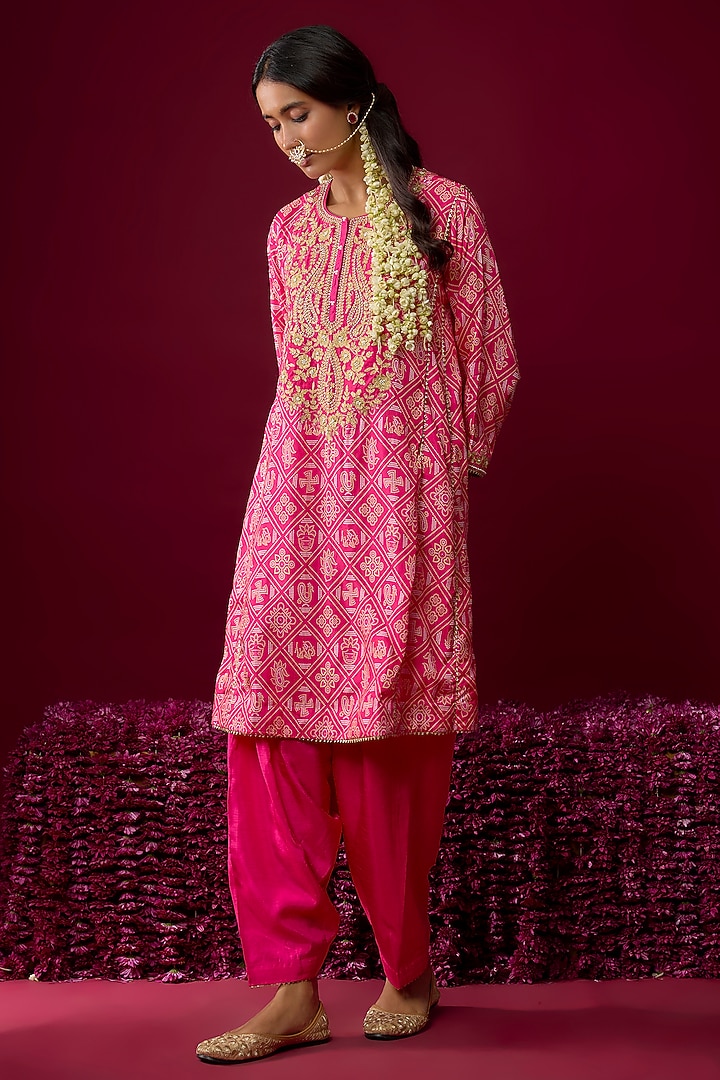 Hot Pink Upada Silk Tilla Embroidered Kurta Set For Girls by Sheetal Batra - Kids at Pernia's Pop Up Shop