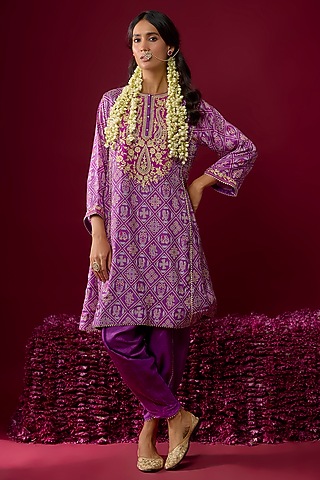 Purple Upada Silk Tilla Embroidered Kurta Set For Girls by Sheetal Batra - Kids