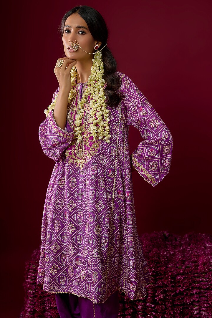 Purple Upada Silk Tilla Embroidered Kurta Set For Girls by Sheetal Batra - Kids at Pernia's Pop Up Shop