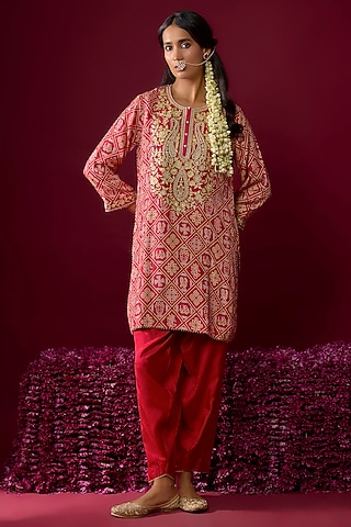 Deep Red Upada Silk Embroidered Kurta Set For Girls by Sheetal Batra - Kids