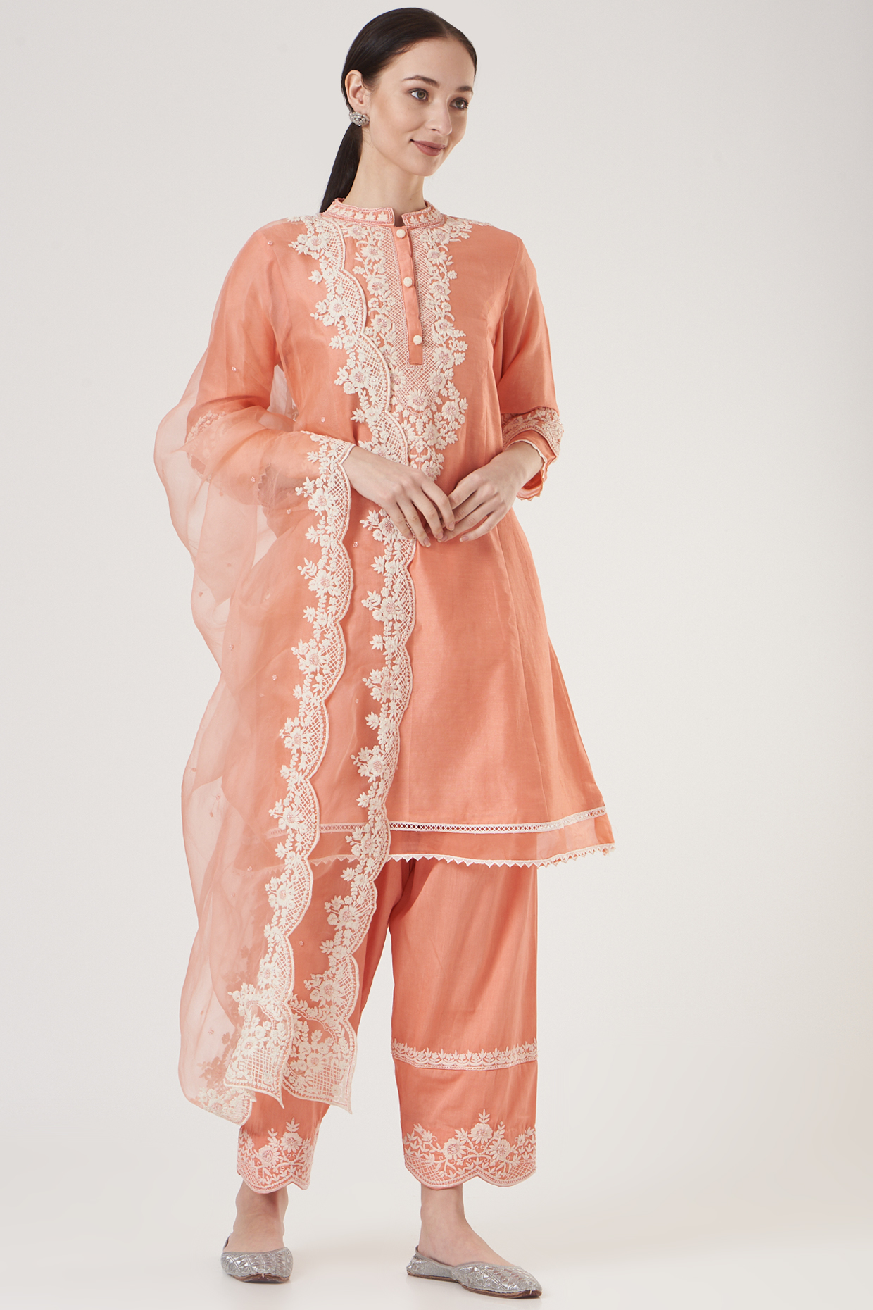 Peach Dori Embroidered Kurta Set For Girls by Sheetal Batra - Kids at Pernia's Pop Up Shop