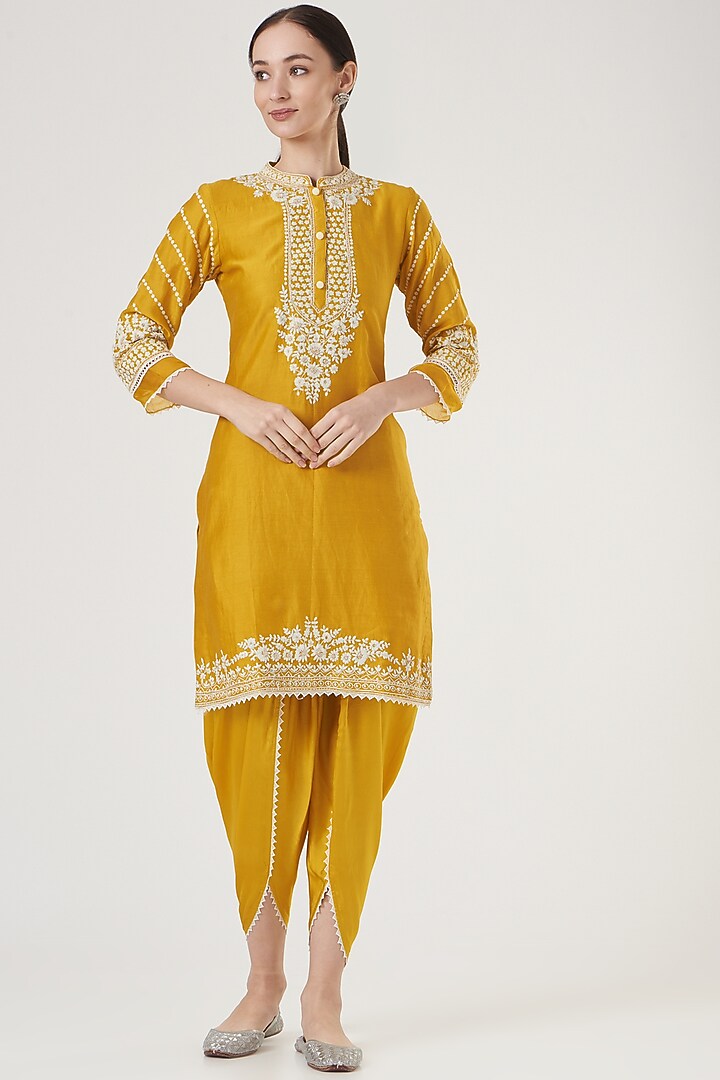Mustard Silk Chanderi Kurta Set For Girls by Sheetal Batra - Kids at Pernia's Pop Up Shop