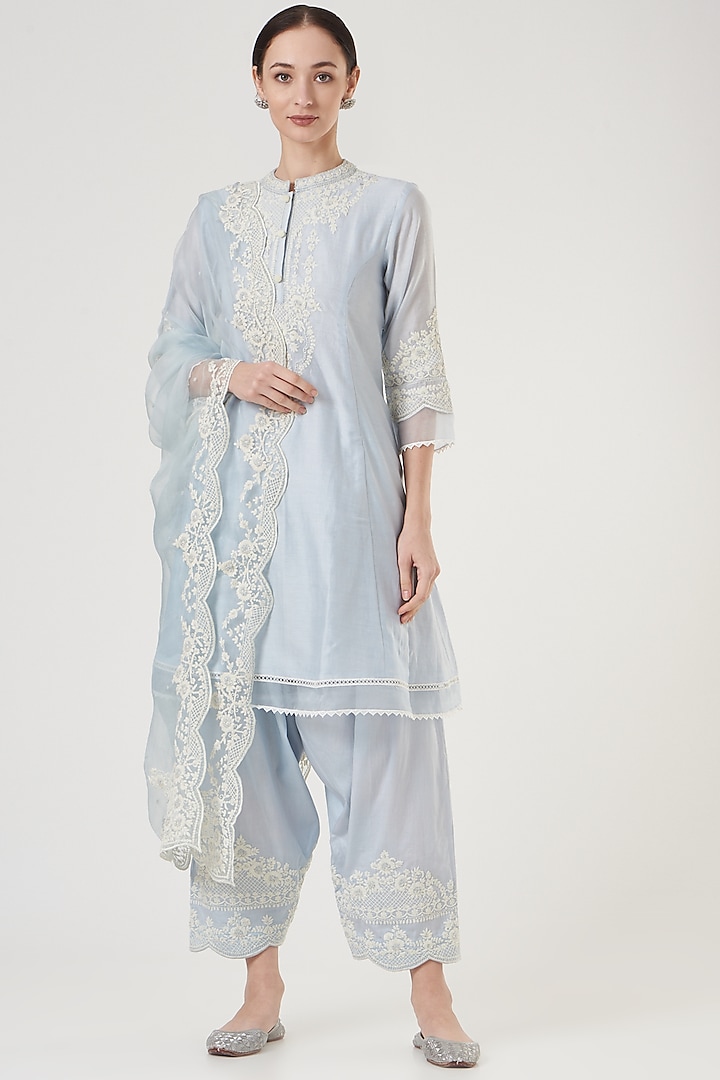 Sky Blue Dori Embroidery Kurta Set For Girls by Sheetal Batra - Kids at Pernia's Pop Up Shop