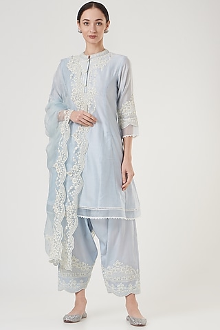 Sky Blue Dori Embroidery Kurta Set For Girls by Sheetal Batra - Kids