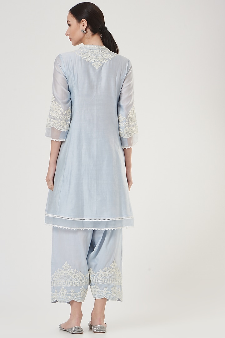 Sky Blue Dori Embroidery Kurta Set For Girls by Sheetal Batra - Kids at Pernia's Pop Up Shop