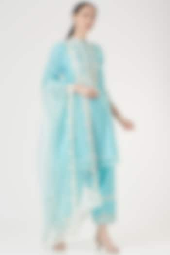 Sky Blue Embroidered Kurta Set For Girls by Sheetal Batra - Kids at Pernia's Pop Up Shop