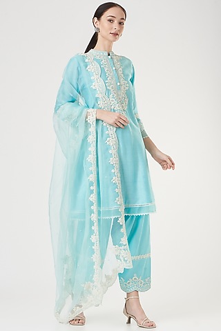 Sky Blue Embroidered Kurta Set For Girls by Sheetal Batra - Kids