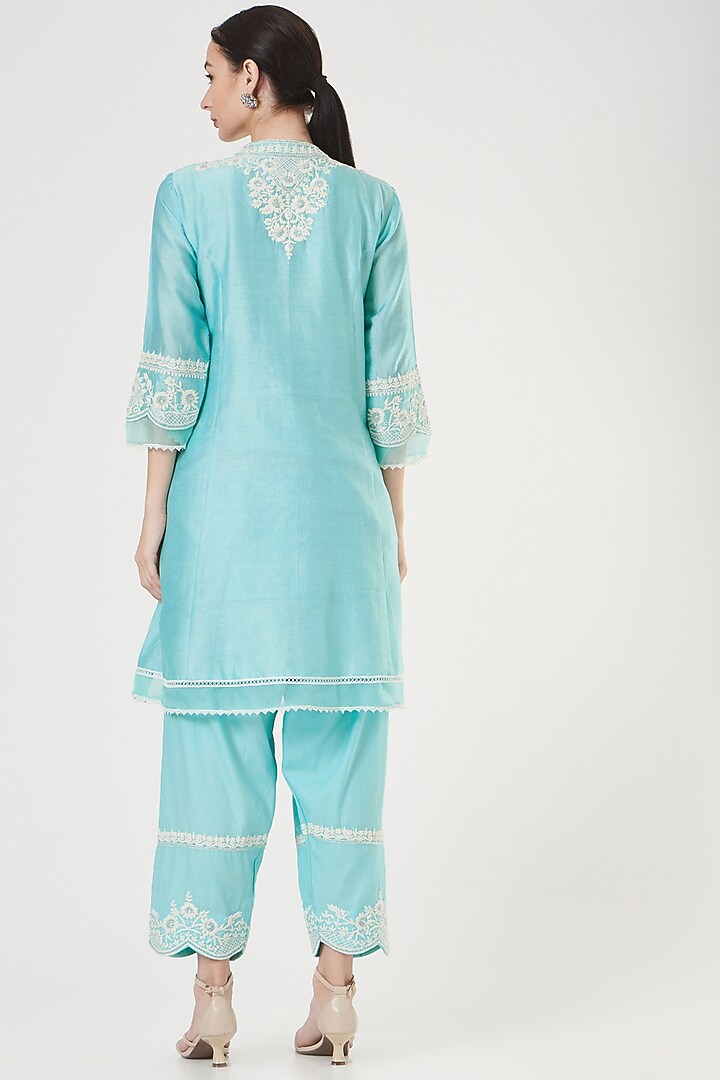 Sky Blue Embroidered Kurta Set For Girls by Sheetal Batra - Kids at Pernia's Pop Up Shop