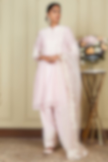 Pearl Blush A-line Silk Chanderi Short Kurta Set For Girls by Sheetal Batra - Kids at Pernia's Pop Up Shop