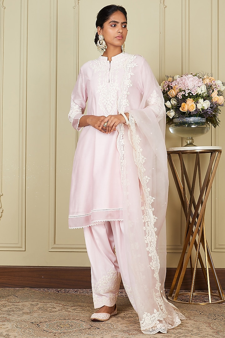 Pearl Blush A-line Silk Chanderi Short Kurta Set For Girls by Sheetal Batra - Kids at Pernia's Pop Up Shop