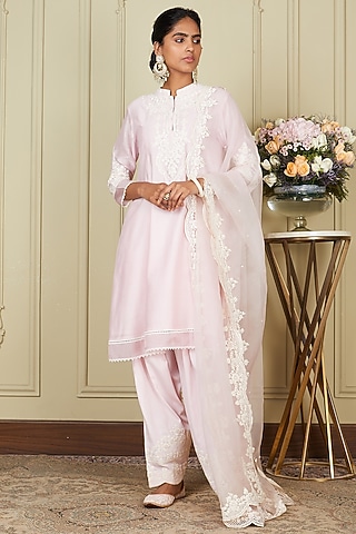 Pearl Blush A-line Silk Chanderi Short Kurta Set For Girls by Sheetal Batra - Kids