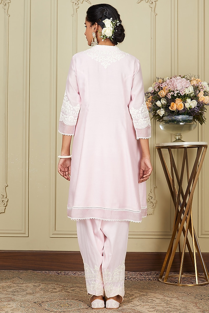 Pearl Blush A-line Silk Chanderi Short Kurta Set For Girls by Sheetal Batra - Kids at Pernia's Pop Up Shop