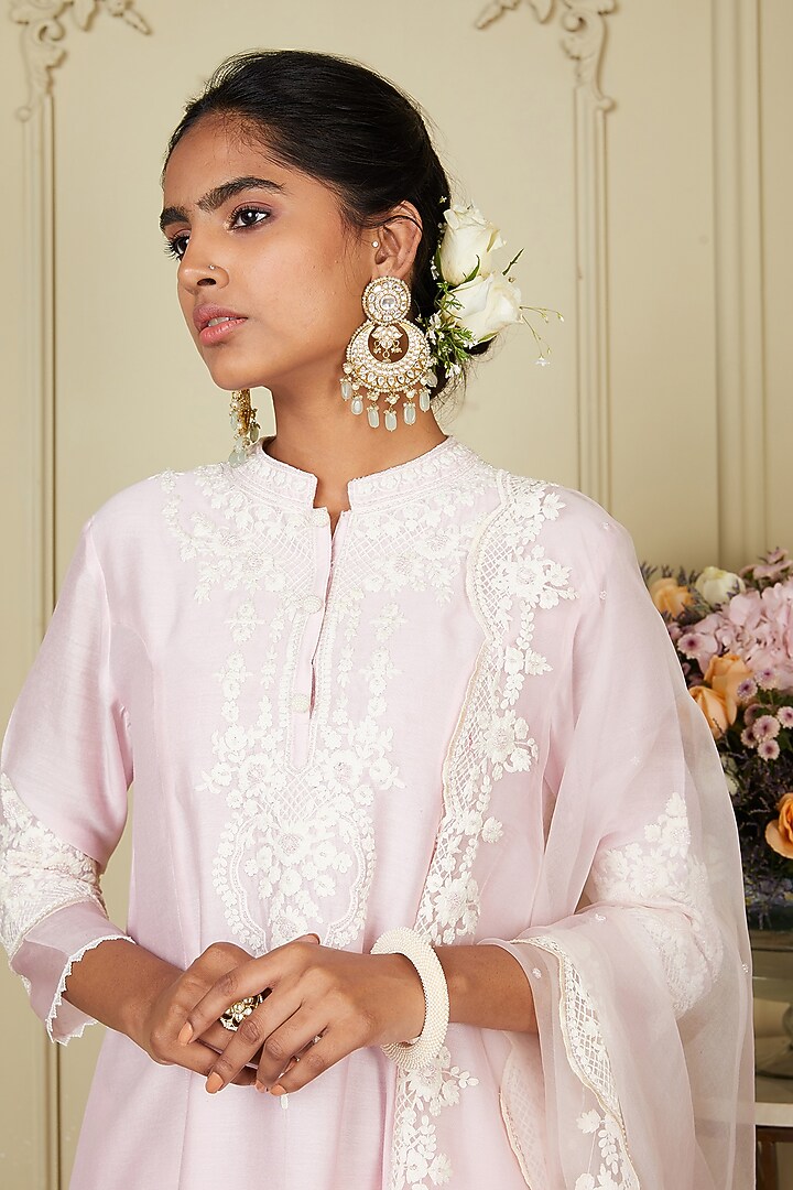 Pearl Blush A-line Silk Chanderi Short Kurta Set For Girls by Sheetal Batra - Kids at Pernia's Pop Up Shop