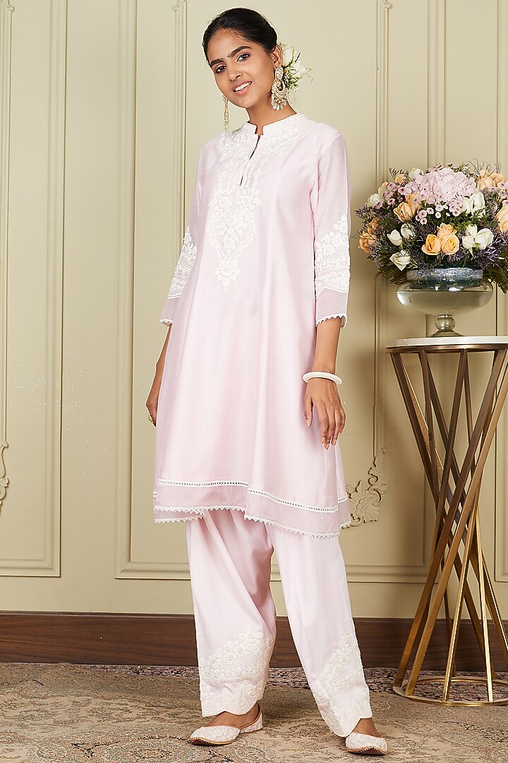 Pearl Blush A-line Silk Chanderi Short Kurta Set For Girls by Sheetal Batra - Kids at Pernia's Pop Up Shop