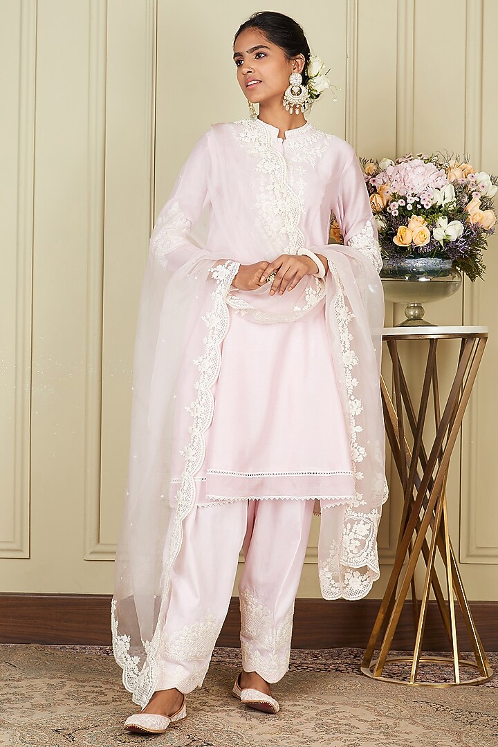 Pearl Blush A-line Silk Chanderi Short Kurta Set For Girls by Sheetal Batra - Kids at Pernia's Pop Up Shop