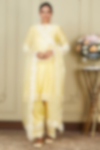 Lemon Yellow A-line Silk Chanderi Short Kurta Set For Girls by Sheetal Batra - Kids