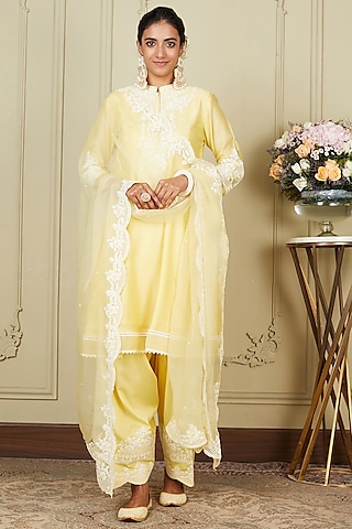 Lemon Yellow A-line Silk Chanderi Short Kurta Set For Girls