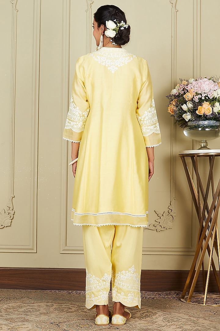 Lemon Yellow A-line Silk Chanderi Short Kurta Set For Girls by Sheetal Batra - Kids at Pernia's Pop Up Shop