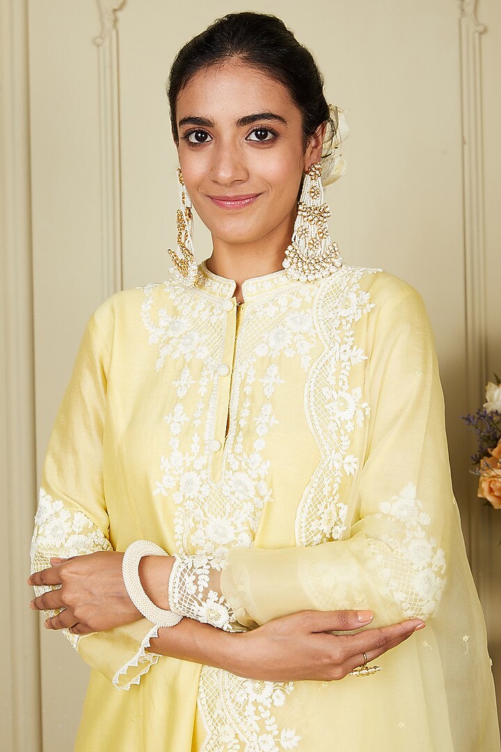 Lemon Yellow A-line Silk Chanderi Short Kurta Set For Girls by Sheetal Batra - Kids at Pernia's Pop Up Shop