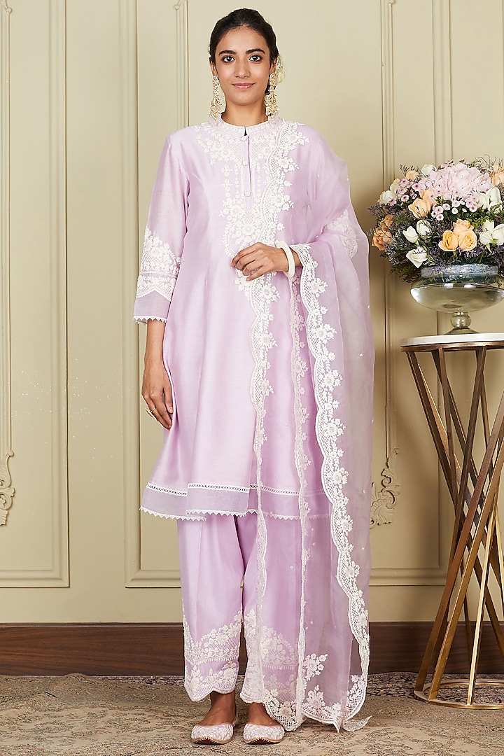 Periwinkle Silk Chanderi A-line Short Kurta Set For Girls by Sheetal Batra - Kids at Pernia's Pop Up Shop