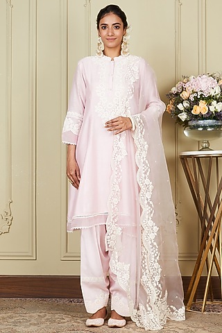 Pearl Blush Silk Chanderi A-line Short Kurta Set For Girls by Sheetal Batra - Kids