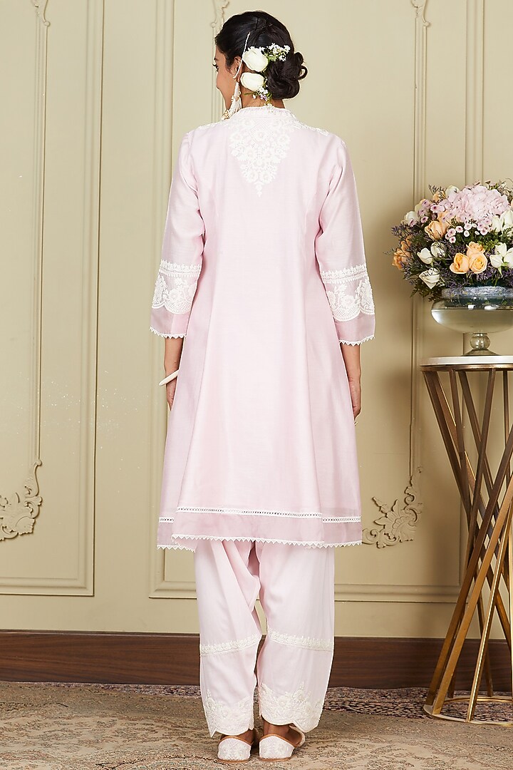 Pearl Blush Silk Chanderi A-line Short Kurta Set For Girls by Sheetal Batra - Kids at Pernia's Pop Up Shop
