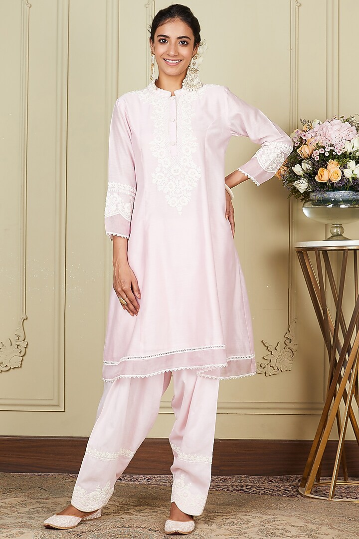 Pearl Blush Silk Chanderi A-line Short Kurta Set For Girls by Sheetal Batra - Kids at Pernia's Pop Up Shop