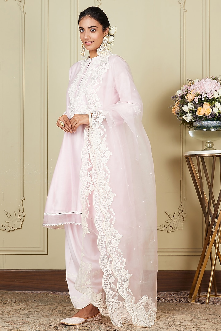 Pearl Blush Silk Chanderi A-line Short Kurta Set For Girls by Sheetal Batra - Kids at Pernia's Pop Up Shop