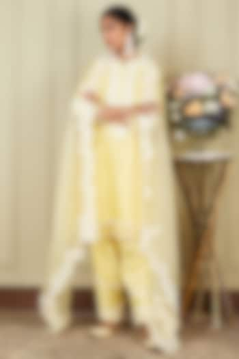 Lemon Yellow Silk Chanderi A-line Short Kurta Set For Girls by Sheetal Batra - Kids at Pernia's Pop Up Shop