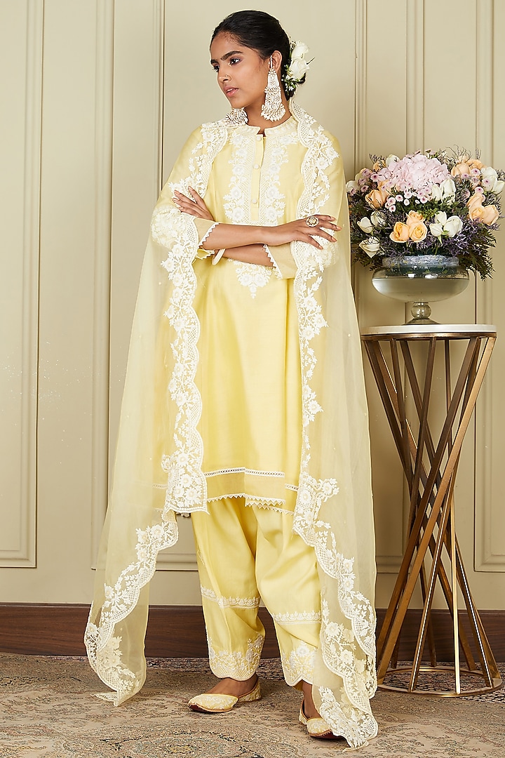 Lemon Yellow Silk Chanderi A-line Short Kurta Set For Girls by Sheetal Batra - Kids at Pernia's Pop Up Shop