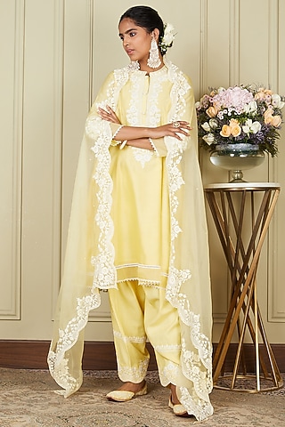 Lemon Yellow Silk Chanderi A-line Short Kurta Set For Girls by Sheetal Batra - Kids