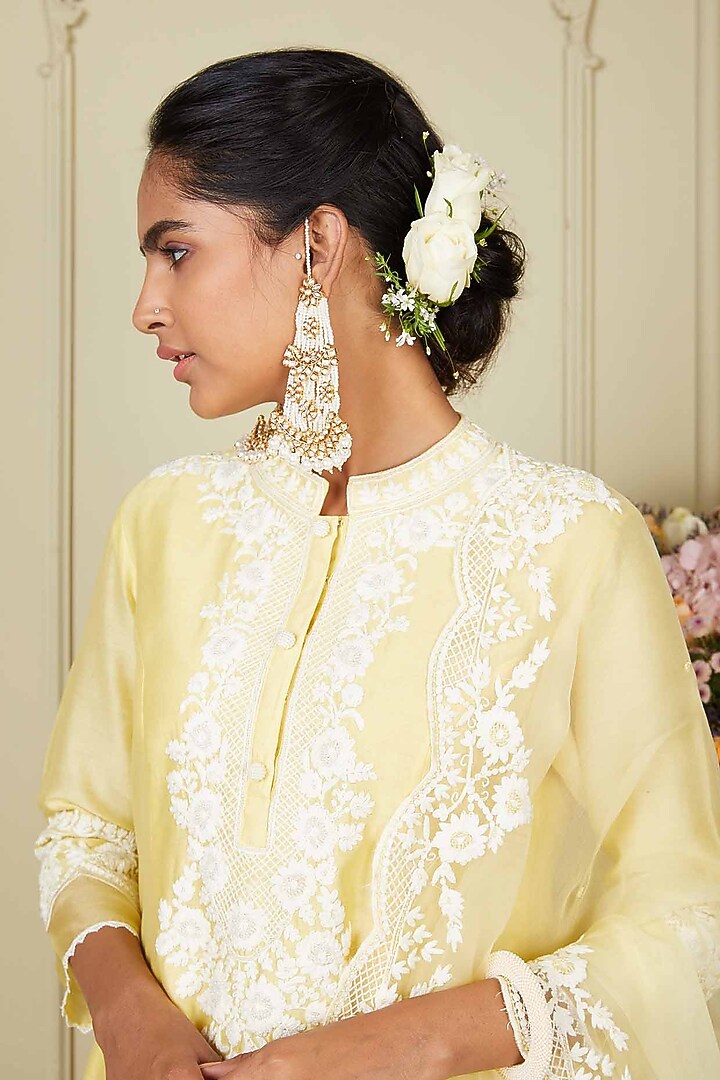 Lemon Yellow Silk Chanderi A-line Short Kurta Set For Girls by Sheetal Batra - Kids at Pernia's Pop Up Shop