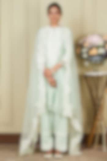 Frosty Green Silk Chanderi A-line Short Kurta Set For Girls by Sheetal Batra - Kids at Pernia's Pop Up Shop