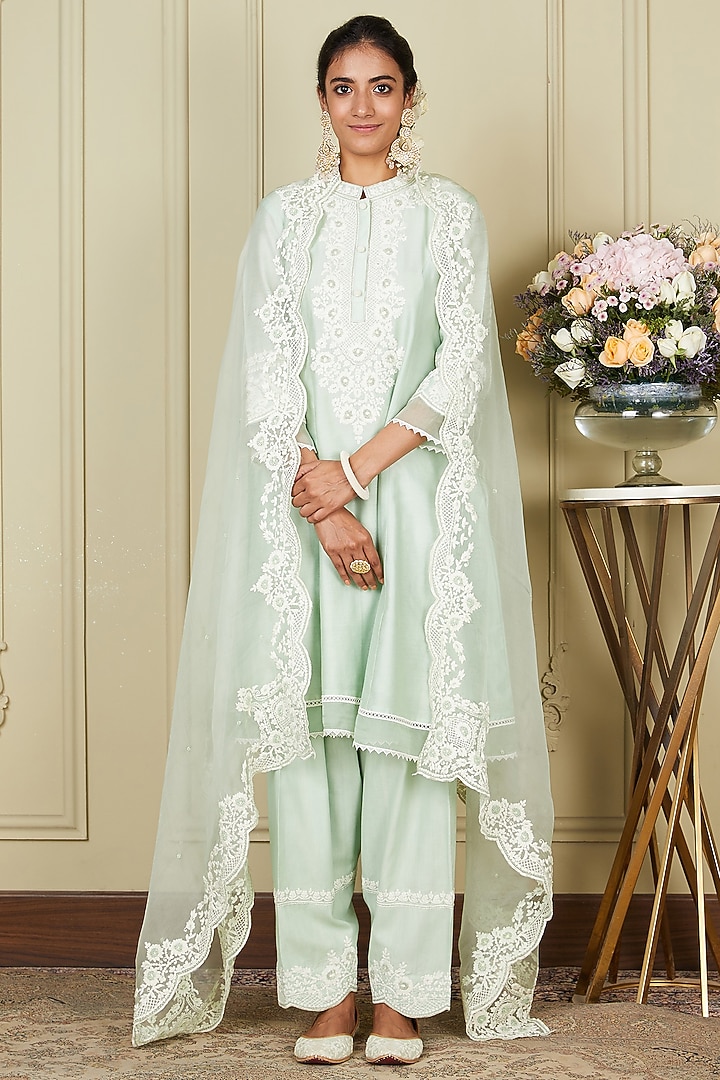 Frosty Green Silk Chanderi A-line Short Kurta Set For Girls by Sheetal Batra - Kids at Pernia's Pop Up Shop