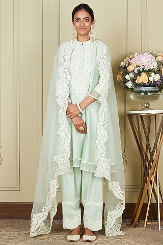 Frosty Green Silk Chanderi A-line Short Kurta Set For Girls by Sheetal Batra - Kids