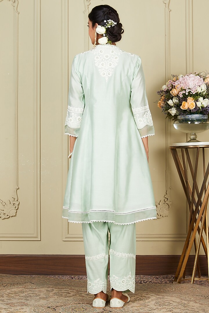 Frosty Green Silk Chanderi A-line Short Kurta Set For Girls by Sheetal Batra - Kids at Pernia's Pop Up Shop