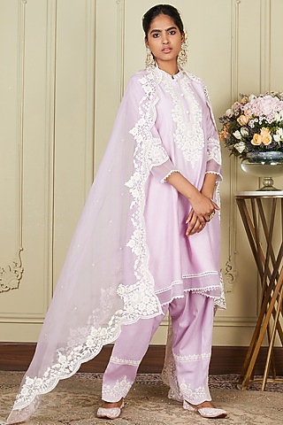 Periwinkle Silk Chanderi A-line Short Kurta Set For Girls by Sheetal Batra - Kids