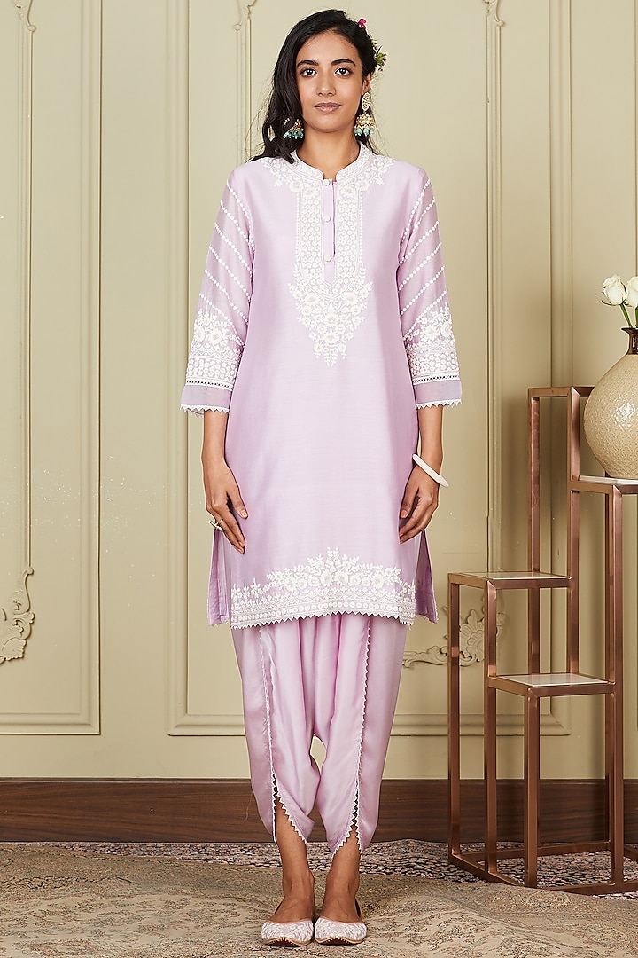 Light Purple Chanderi Silk Kurta Set For Girls by Sheetal Batra - Kids at Pernia's Pop Up Shop