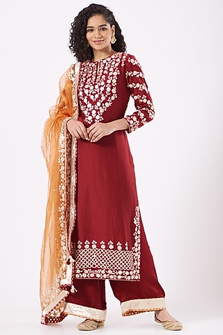 Cadmium Red Embroidered Kurta Set For Girls by Sheetal Batra - Kids