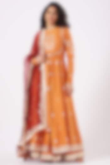 Orange Embroidered Anarkali Set For Girls by Sheetal Batra - Kids