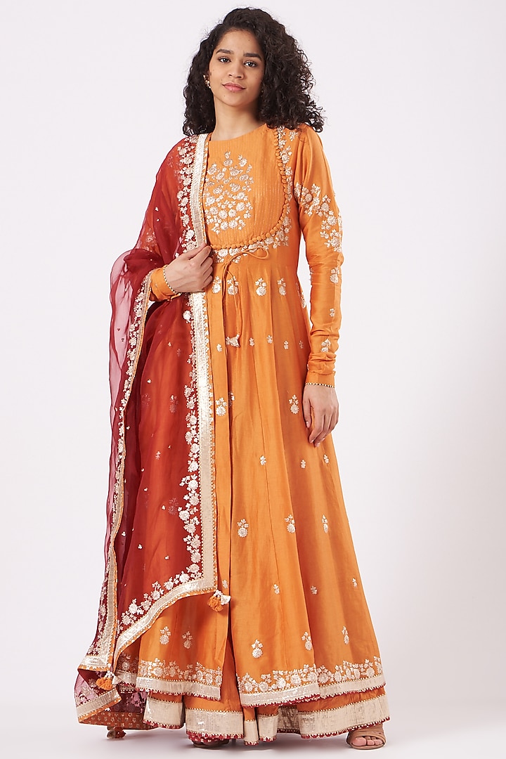 Orange Embroidered Anarkali Set For Girls by Sheetal Batra - Kids