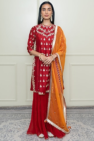 Scarlet Red Georgette Gharara Set For Girls by Sheetal Batra - Kids