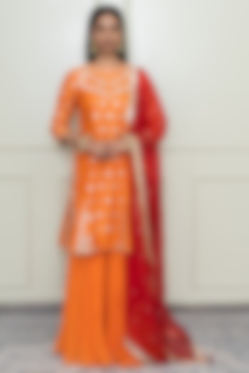 Pumpkin Orange Tilla Embroidered A-Line Kurta Set For Girls by Sheetal Batra - Kids at Pernia's Pop Up Shop