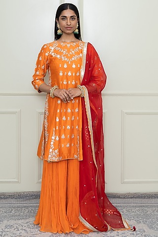 Pumpkin Orange Tilla Embroidered A-Line Kurta Set For Girls by Sheetal Batra - Kids